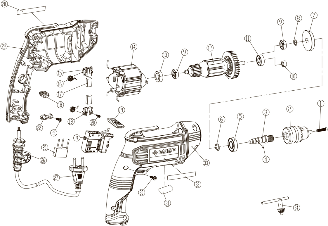 ЗУБР 550 Вт, 13 мм, безударная дрель, Профессионал (ЗД-П550 ЭР) - разборная схема
